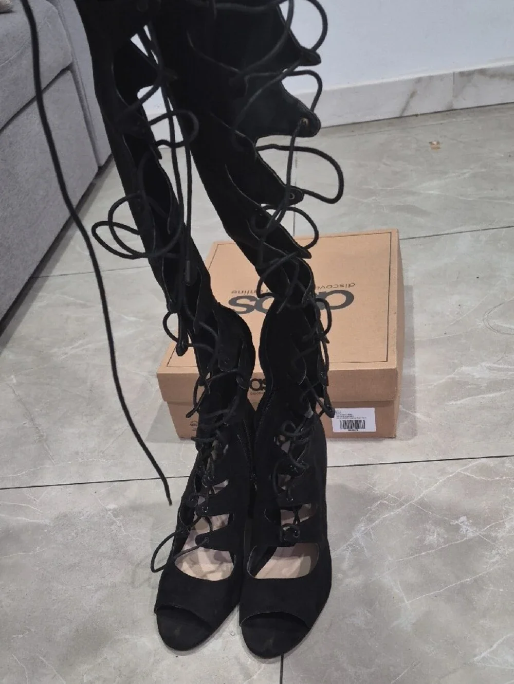 ASOS Black Lace-Up Over-the-Knee Peep-Toe Block Heel Boots
